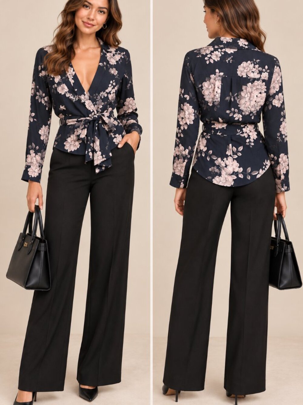 Marissa Webb Floral Print Plunge Neckline Wrap Blouse Navy Size 4